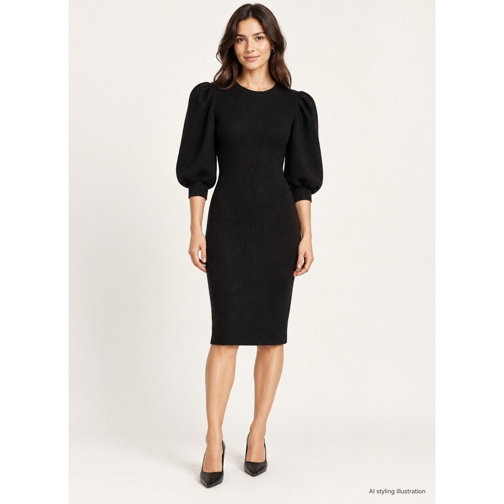 Zara Ribbed Puff Sleeve Dress Women S Black Dark Academia Minimalist